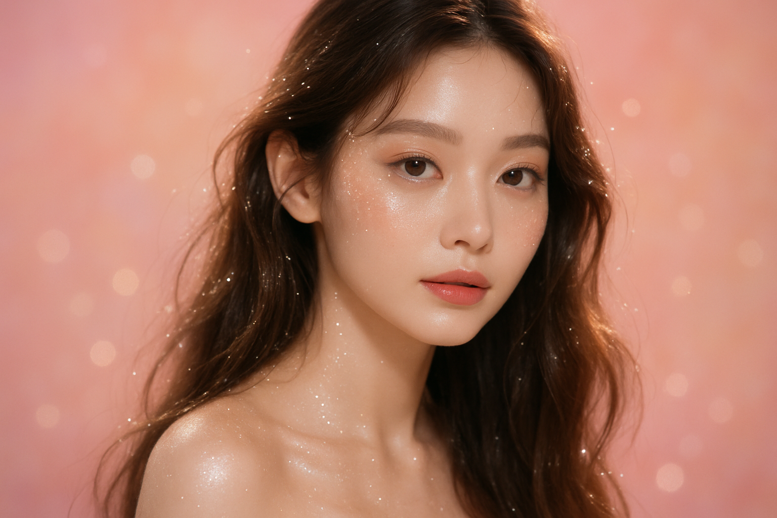 create a high resolution video of me based on my store banner. make it look like it was taken from a Korean photo studio. make her look like a fairy and glittering. make the back ground of the photo before to pastel pink orange and make it landscape. do not change the face.